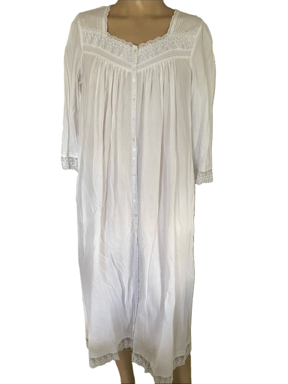 Eileen West White Cotton Lace-Trim Button Front Nightgown